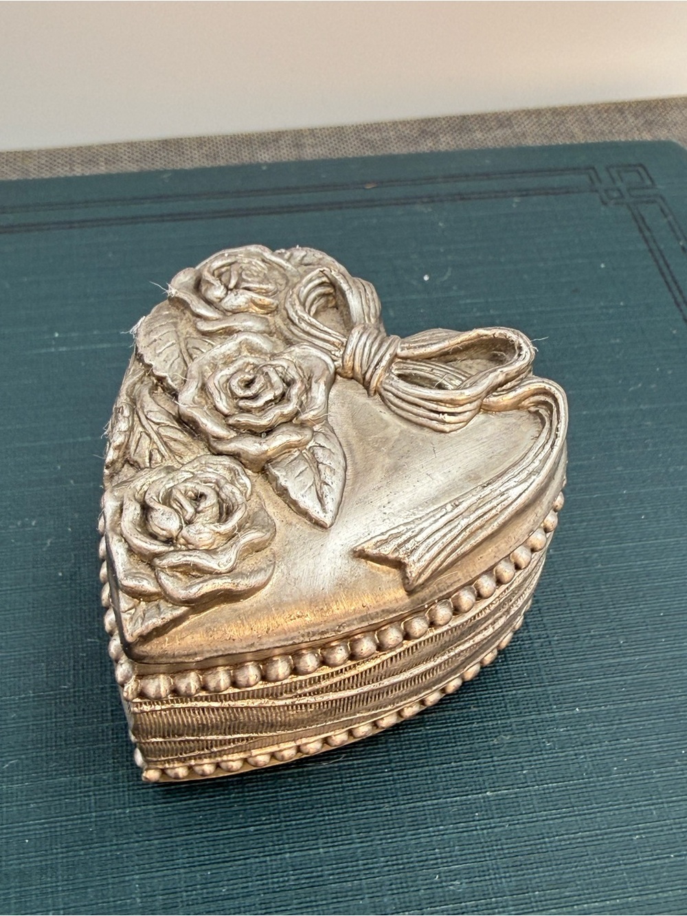 Vintage Small Silver Tone Heart Trinket Box With Roses And Bow Decor